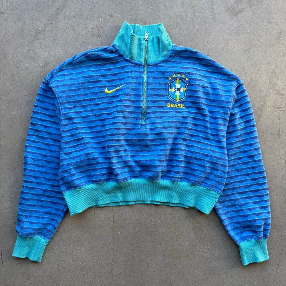 Nike Brazil Sweatshirt Womens M Blue CBF Cropped Pullover Futbol Soccer Striped